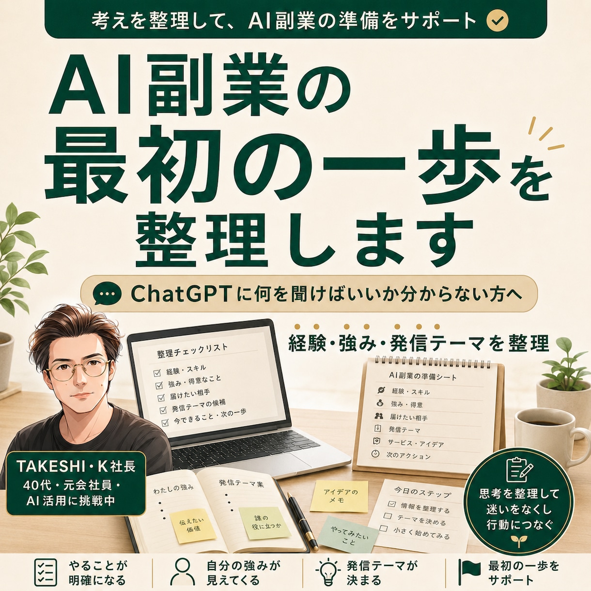 AI副業の最初の一歩を整理します 経験・強み・発信テーマを一緒に整理します イメージ1