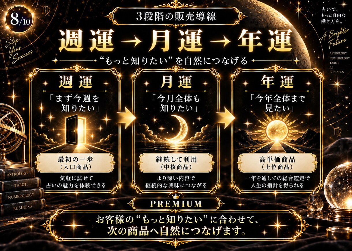 AI占い週運＋月運＋年運3商品キットを提供します 入口＋継続＋高単価の3段階商品ラインへ イメージ8