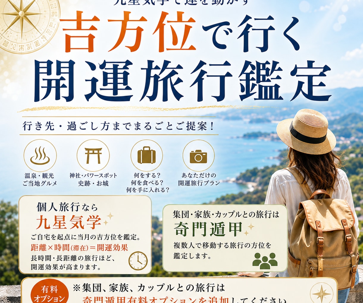 吉方位から開運旅行先と行動を九星気学で提案します 今月の吉方位から、あなたに合う旅をプロデュース イメージ2