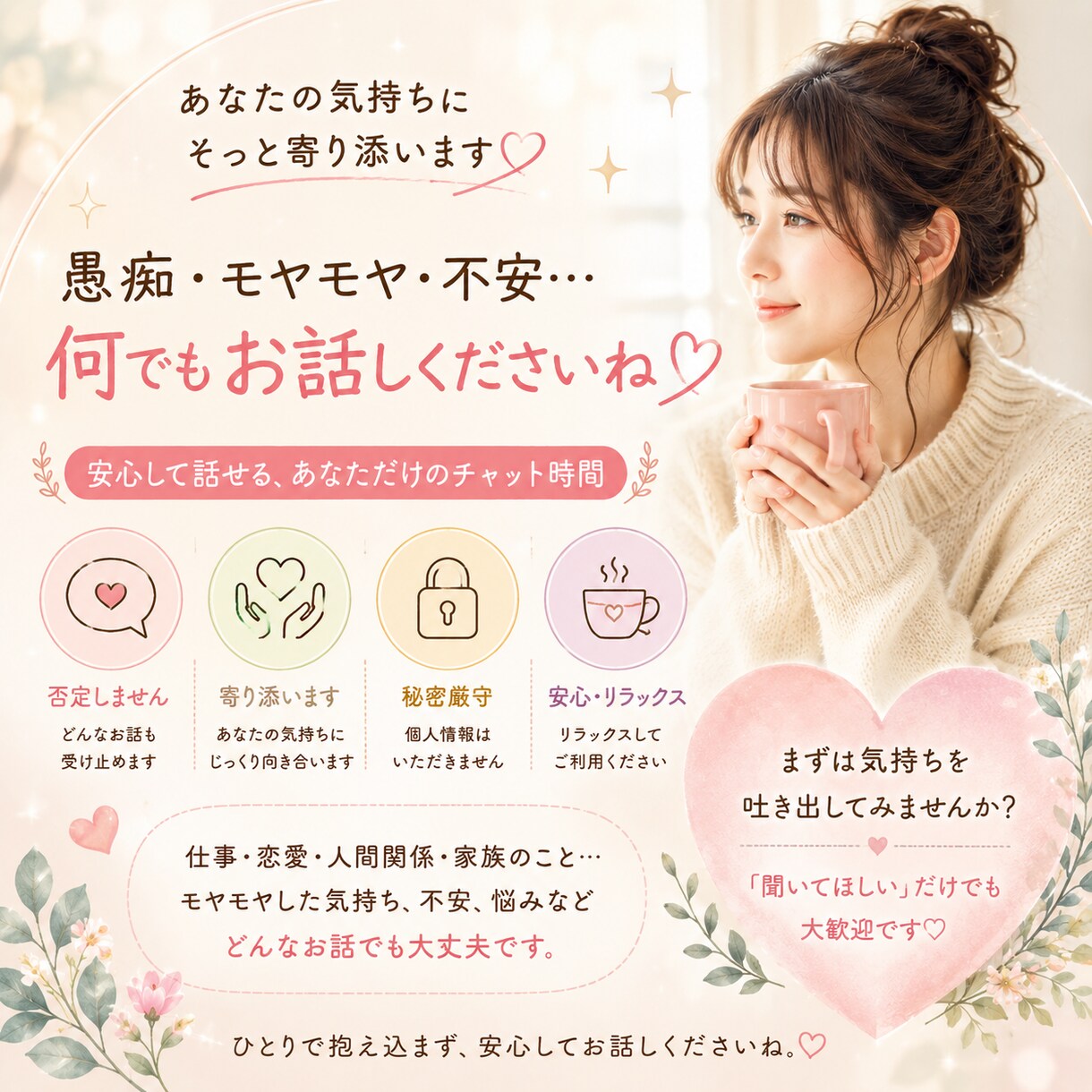 誰かに聞いてほしい気持ち、チャットでお聞きします 否定せずあなたの気持ちに寄り添います イメージ2