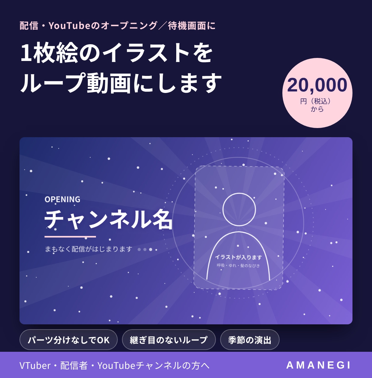 1枚絵のイラストをループ動画にします 配信の待機画面・OPに｜パーツ分けなしでOK イメージ1