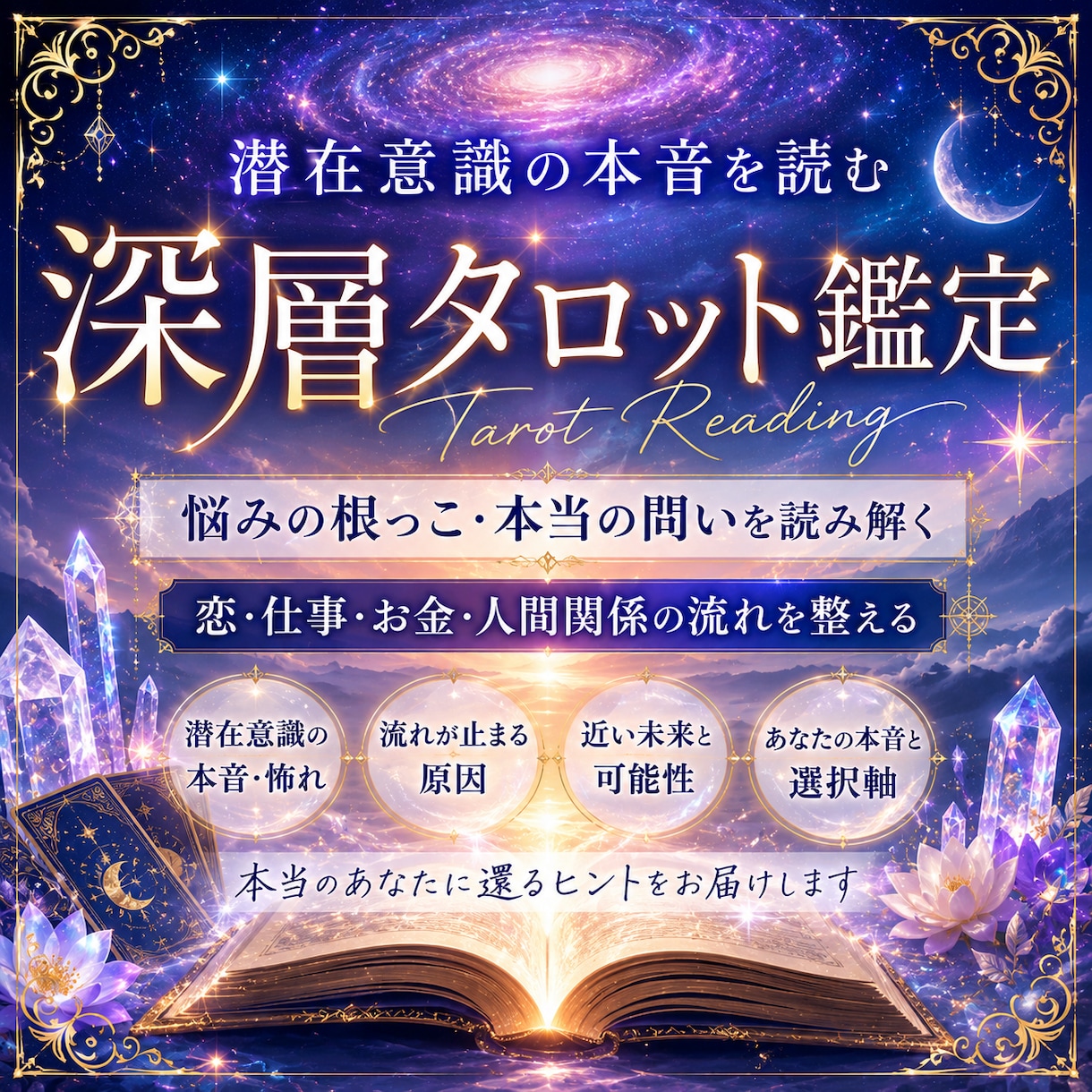 潜在意識にある本音と悩みの根本を鑑定します 恋・仕事・お金・人間関係の流れを、タロットで深く読み解きます イメージ1