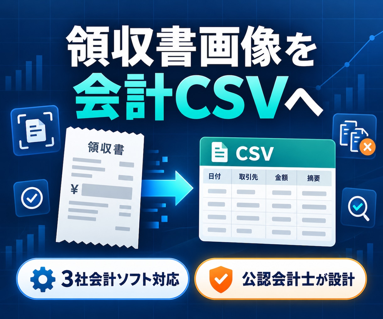 領収書画像から会計CSVを作成します freee・マネフォ・弥生の3形式に対応 イメージ1