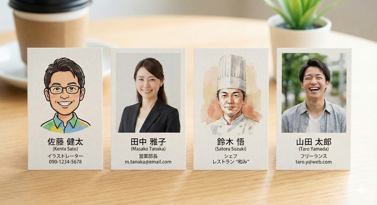 似顔絵入り・通常名刺・各種カード作成いたします 希望に合わせた名刺・カード類を作成します。 イメージ3