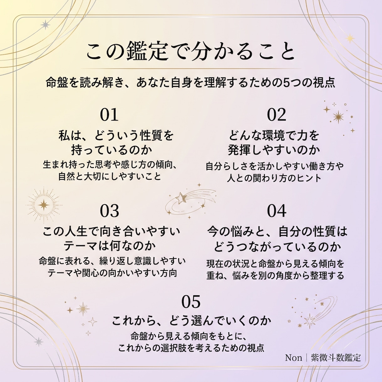 紫微斗数で「なぜ私はこうなんだろう」を読み解きます 生まれ持った性質・人生のテーマ・今の悩みを整理します イメージ2