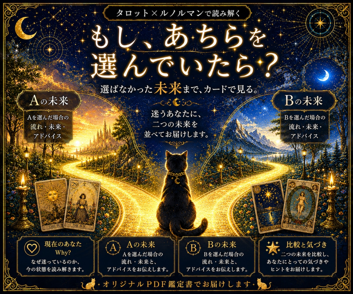 迷う二つの道、その先の未来を深く読み解きます もし、二つの未来が見えたなら？選ぶ前にAとBのその先を。 イメージ1