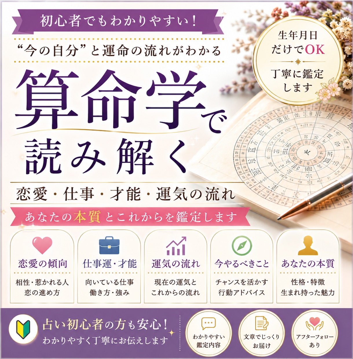 恋愛・仕事・才能を占い初心者向けにも鑑定します 【算命学で読み解く】“今の自分”と運命の流れ イメージ1
