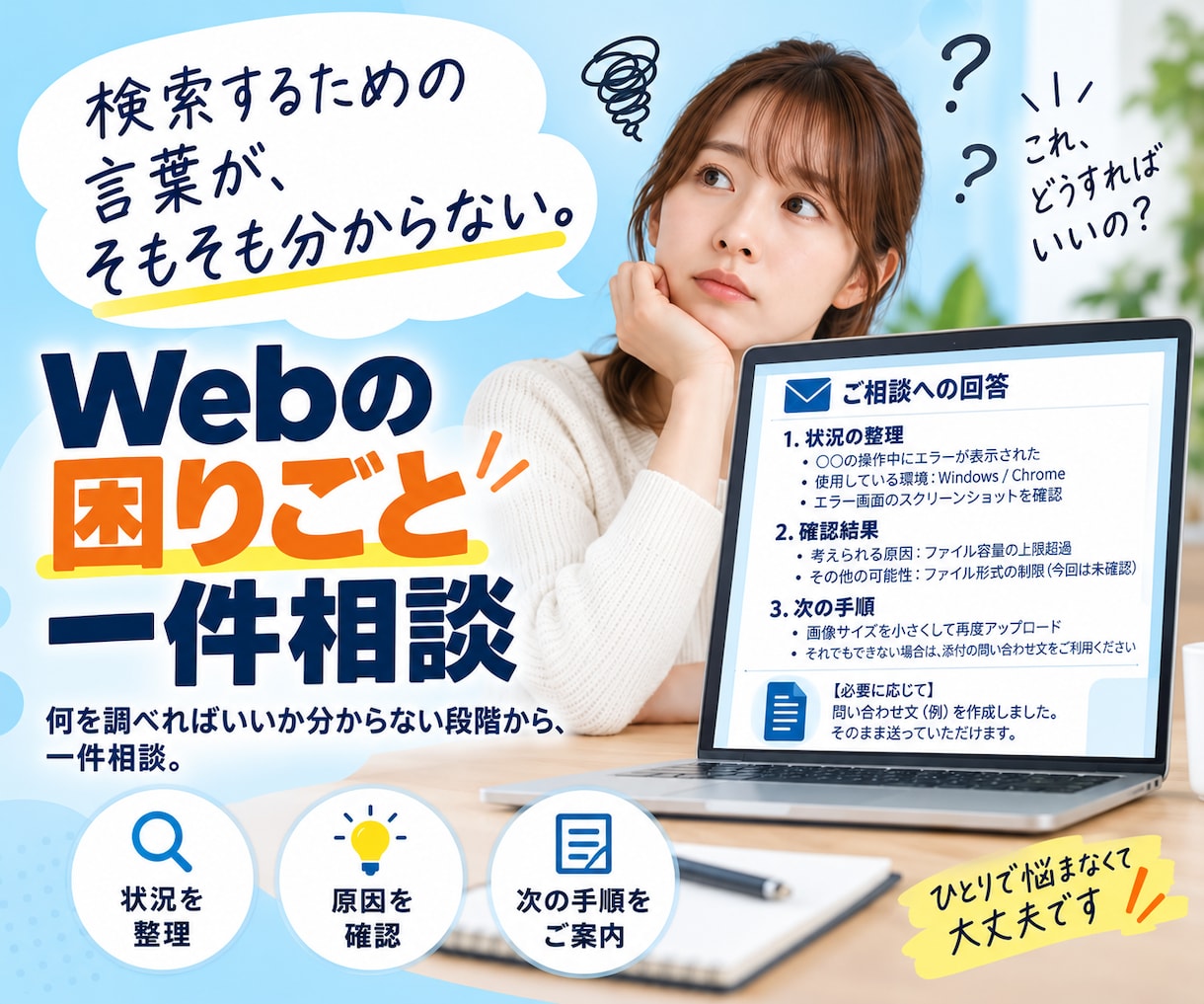 説明しづらいWebの困りごとを整理します 何を調べればいいか分からない段階から、一件相談 イメージ1