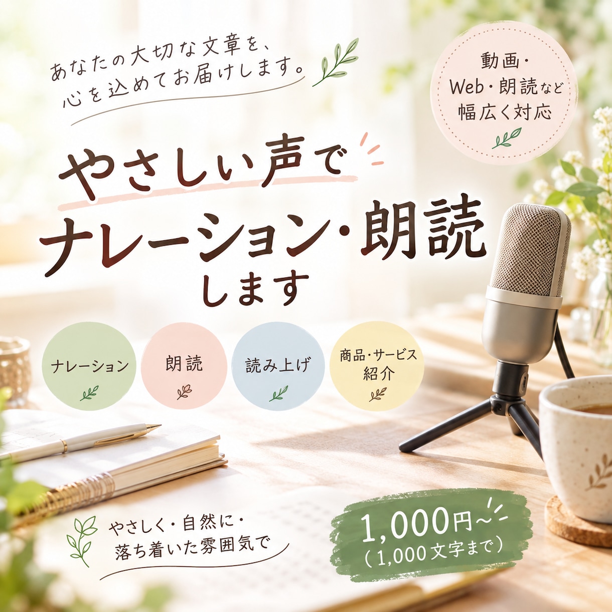 やさしい声で、ナレーション・朗読・文章を読みます 落ち着いた雰囲気で、あなたの文章を心地よくお届けします。 イメージ1