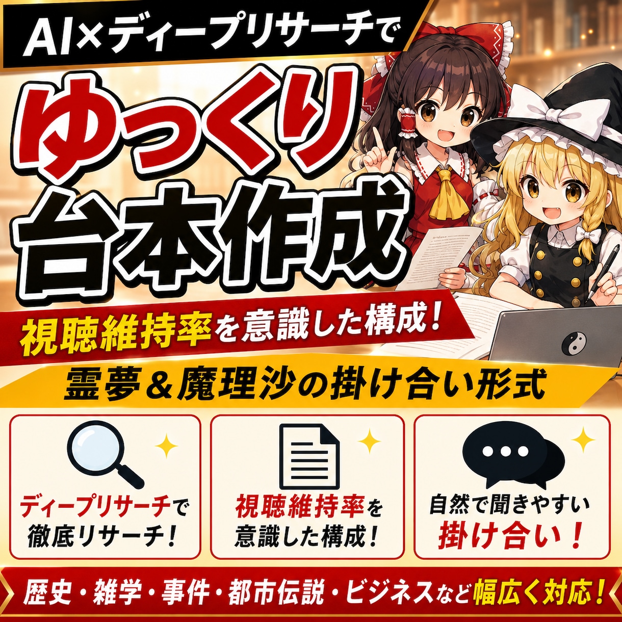 AI×ディープリサーチでゆっくり台本を作成します 7,500〜1万文字｜霊夢＆魔理沙｜視聴維持率を意識し作成 イメージ1