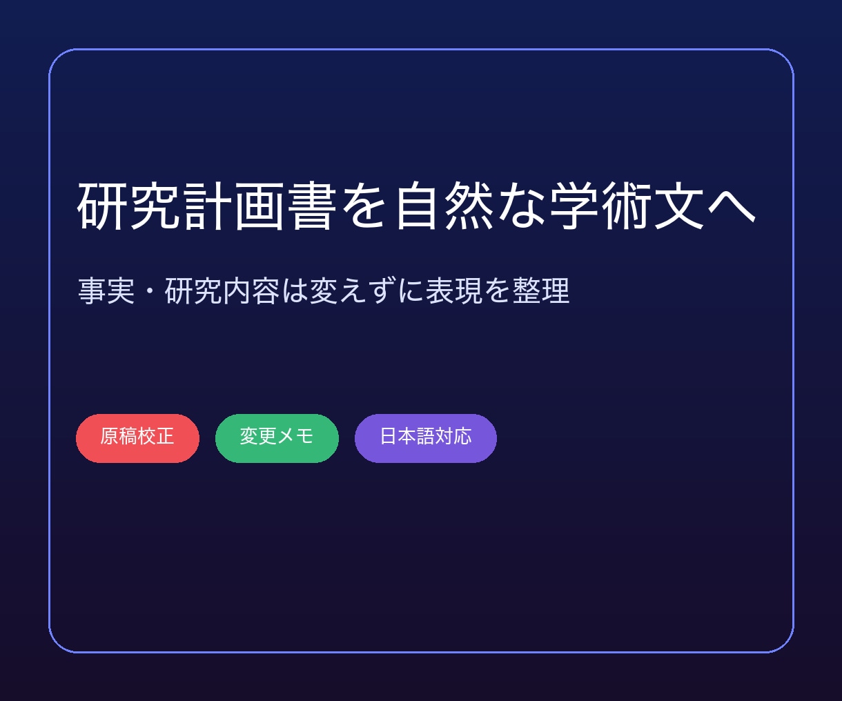 研究計画書を読みやすく自然な学術文に整えます 研究内容・事実・引用を変えず、提出用原稿の表現を整えます イメージ1
