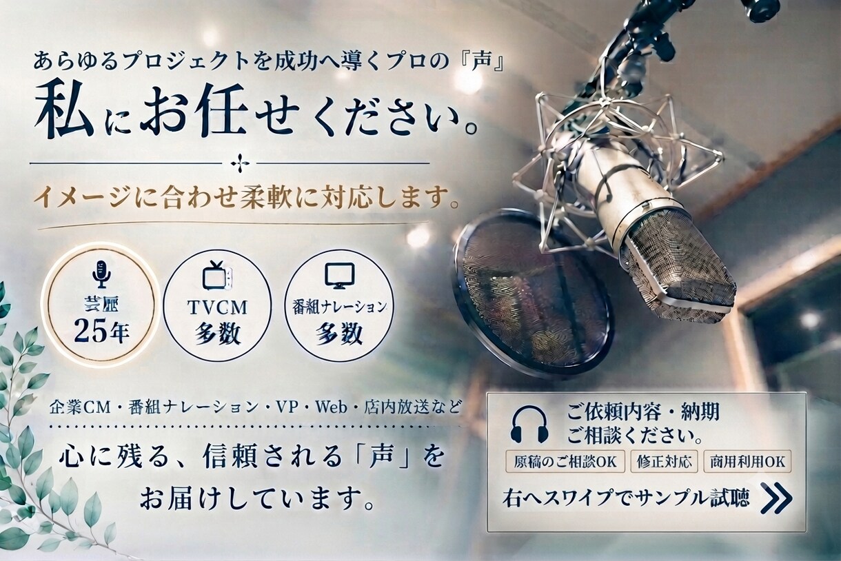 現役プロがナレーションいたします 歴25年オーバー/地上波映像多数出演/迅速丁寧/高品質 イメージ2