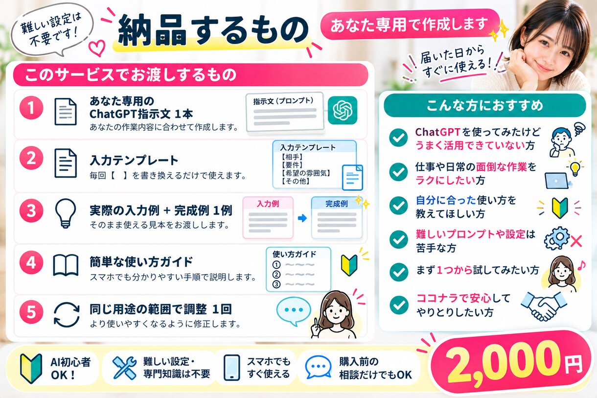 面倒な作業1つをChatGPTでラクにします あなた専用の指示文＋入力テンプレ＋完成例まで作ります イメージ4