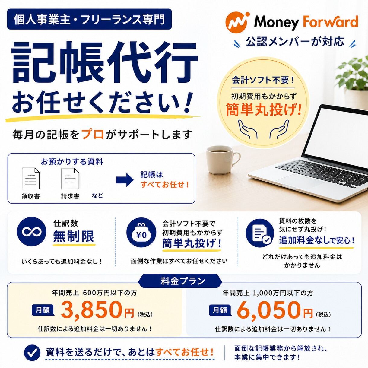仕訳数無制限｜マネーフォワードへの記帳を代行します 3980円から追加料金なしで帳簿が手に入る イメージ1