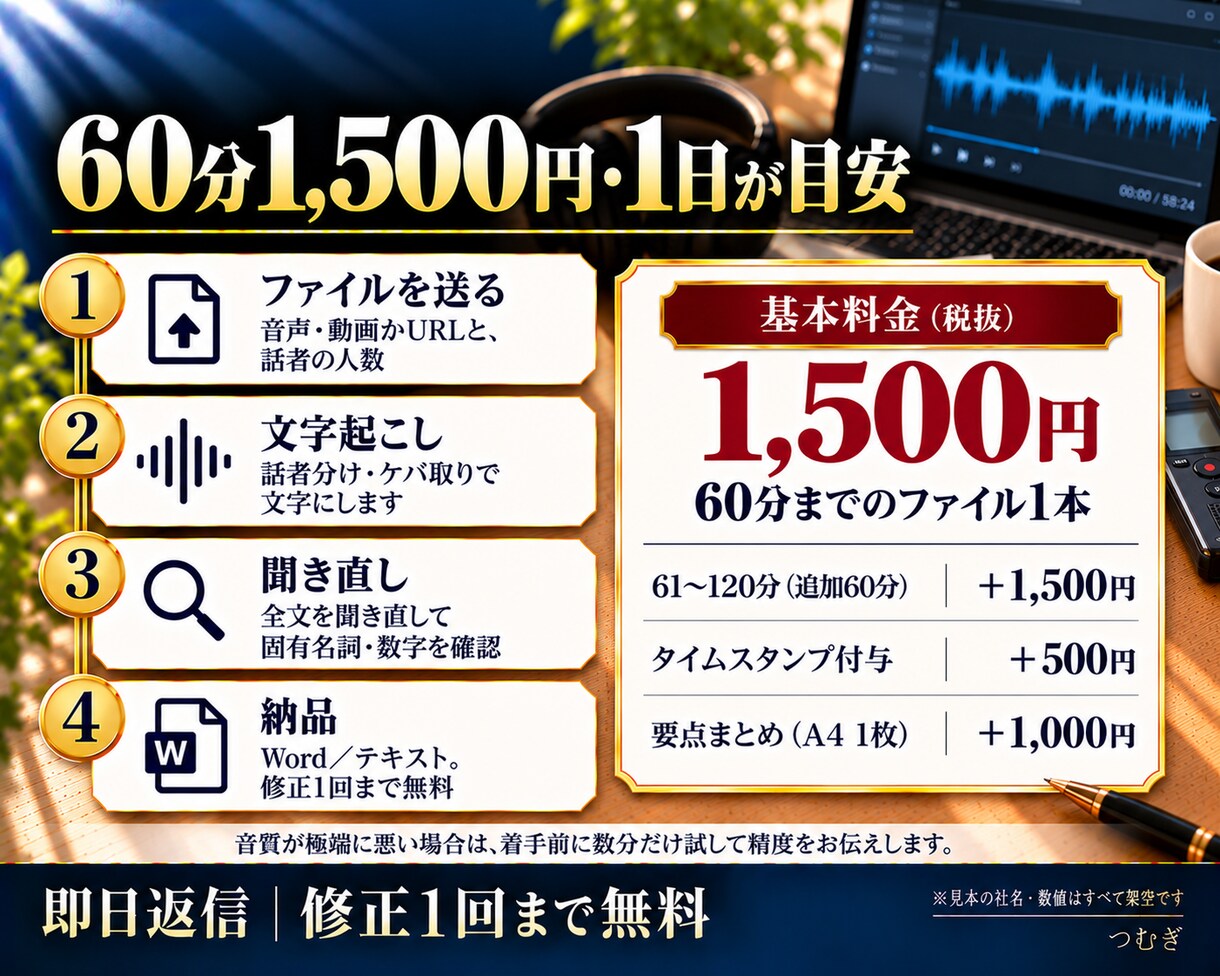 即日対応！60分1,500円で文字起こしします 即日返信。話者分け・ケバ取り済み。Wordで納品 イメージ3