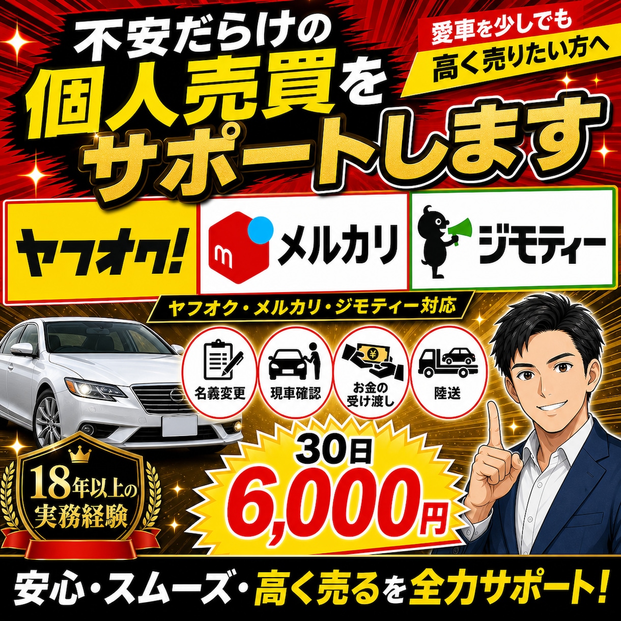 個人売買で愛車を売却したい方を全力でサポートします ヤフオクやメルカリで愛車を売却してみたいけど不安だらけの方へ イメージ1