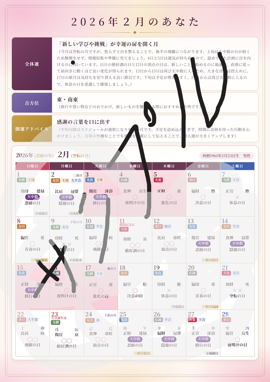 あなただけの開運カレンダー　個別鑑定付で作成します 「今月は、いつ動く？いつ・何に注意する？」がわかります イメージ2