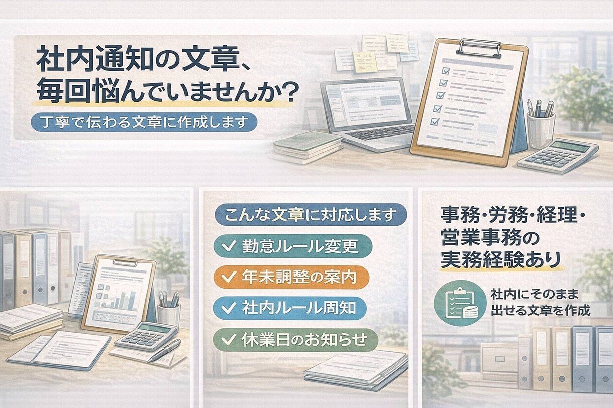 社内・部署向け通知文・案内文を丸投げ作成します 文章がうまく書けず、送信ボタンが押せない方へ。 イメージ2