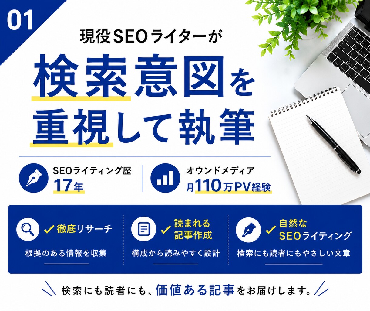 ユーザーの検索意図を重視したSEO記事を執筆します 丁寧なヒアリングで安心！徹底リサーチでこだわり抜いた記事を。 イメージ1