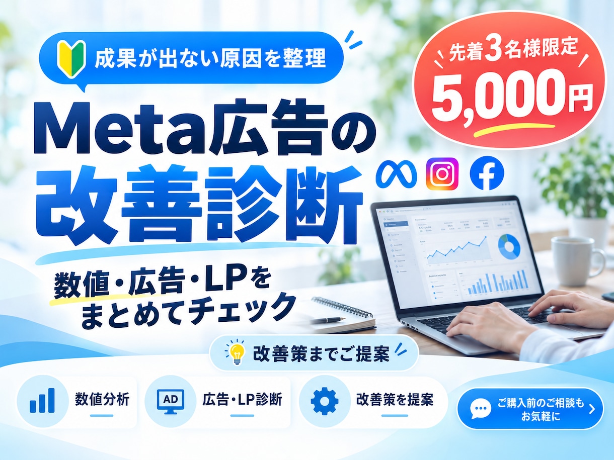 Meta広告の成果が出ない原因を診断します 数値・広告・LPを分析し、次にやる改善策をわかりやすく整理 イメージ1
