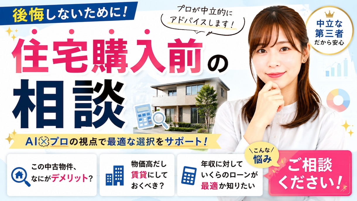 20～40代向け　住宅ローンや物件の相談に乗ります 不動産営業＆宅建士ライターが第三者の目線で回答！ イメージ1