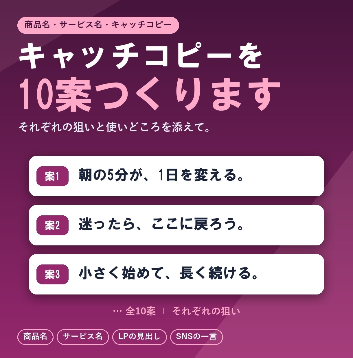 キャッチコピー・商品名を10案つくります それぞれの狙いと使いどころを添えてお届け イメージ1
