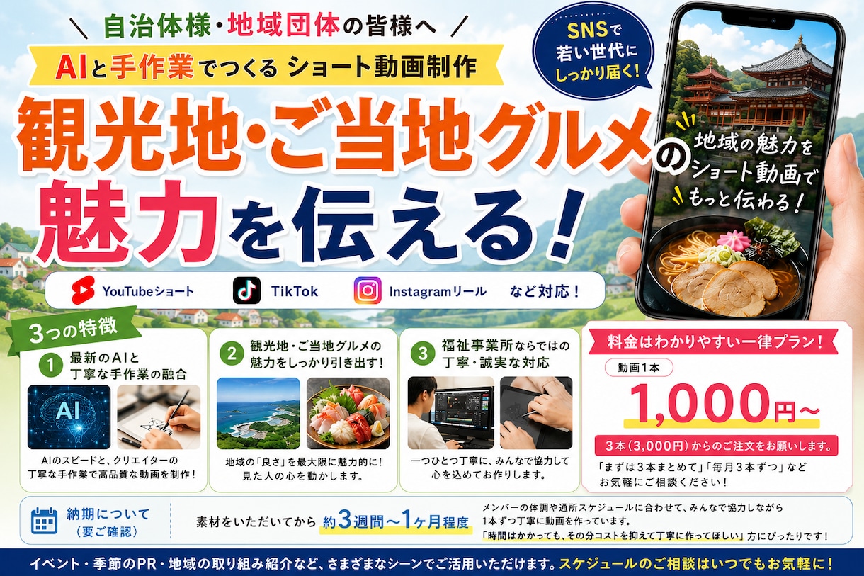 自治体の魅力を発信！旅と食のショート動画作ります 素材丸投げでOK！じっくり時間をかけて形にします イメージ1