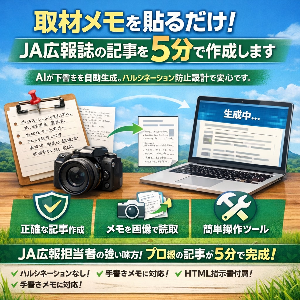 取材メモを貼るだけ。5分で記事完成します 広報誌の記事作成を“ほぼ自動化”します イメージ2