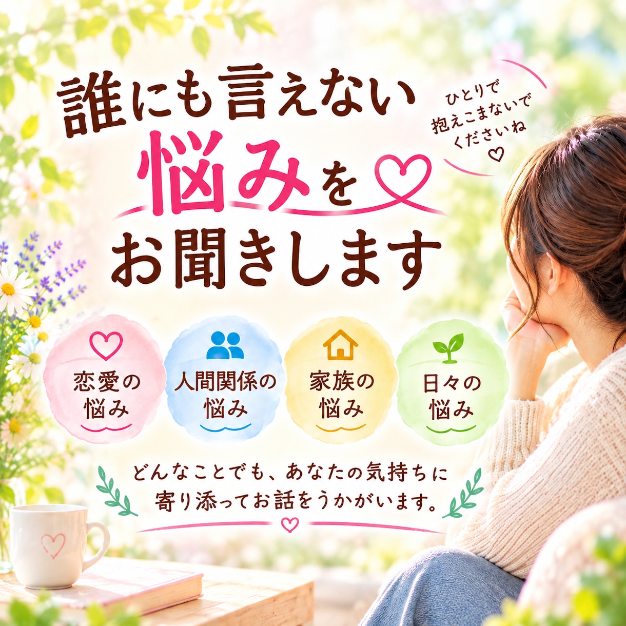 恋愛や家族の事、誰にも言えない悩みをお聞きします 人間関係のモヤモヤや日々の悩み、否定せず優しくお聞きします イメージ1