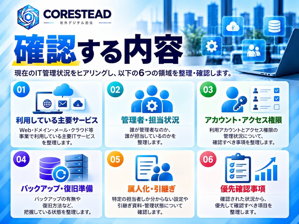 事業のIT管理、このままで大丈夫？をチェックします 担当者・退職者・バックアップ・引継ぎの不安をまとめて確認 イメージ2