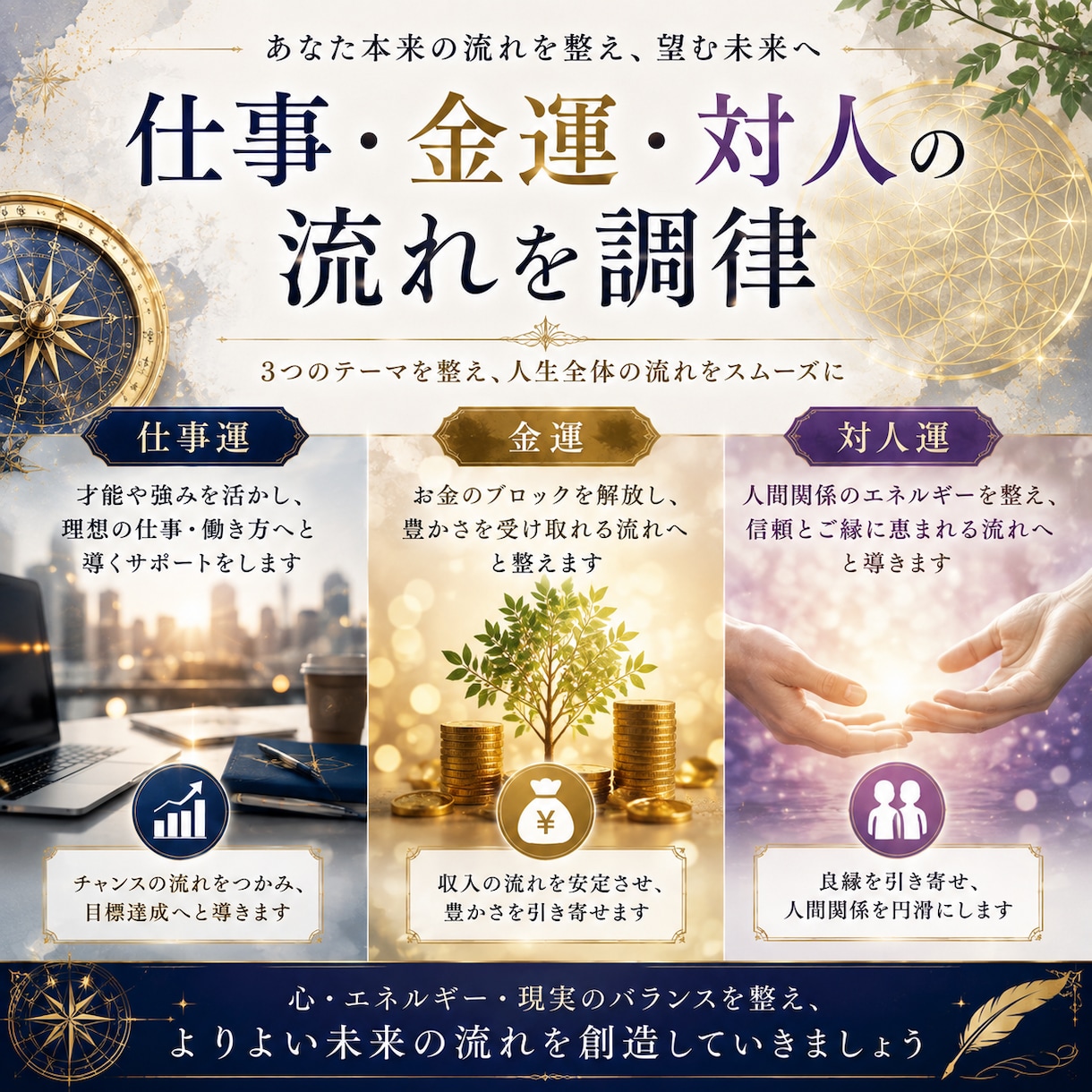仕事・金運・対人の流れを読み整えます 仕事やお金、人間関係の停滞感を丁寧に見つめます イメージ1