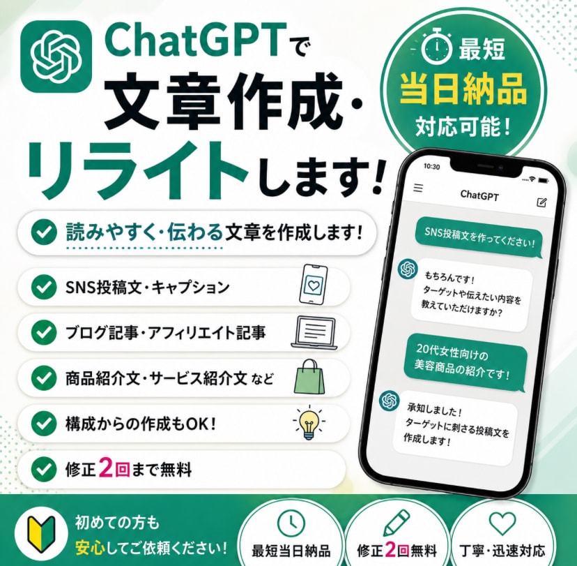 ChatGPTで伝わる文章を作成・リライトします SNS投稿・ブログ・商品紹介文まで対応！ イメージ1