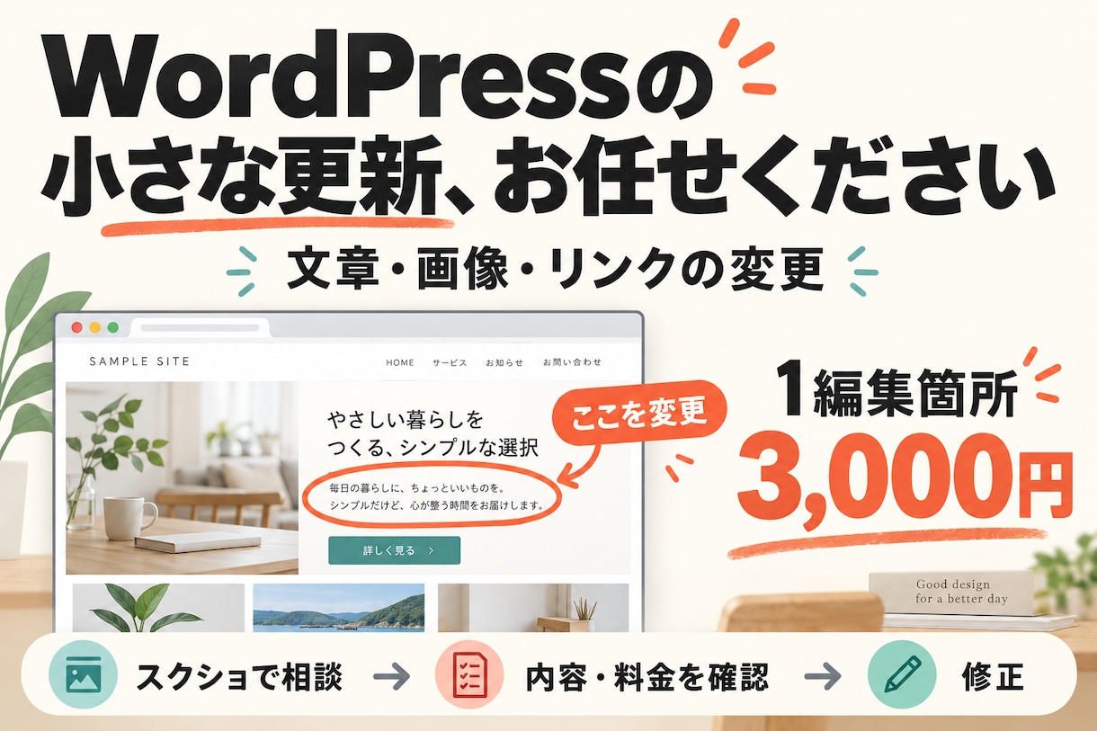 WordPressの文章・画像・リンクを修正します 直したい場所をスクショで伝えるだけ。変更内容を事前確認 イメージ1