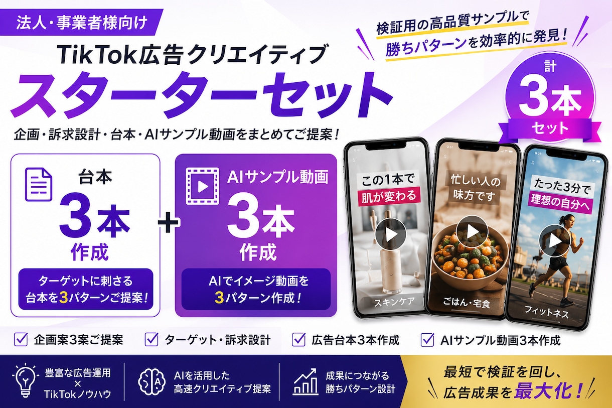 法人/TikTok広告スターターセット作成します 訴求設計・台本・AIクリエイティブ3本作成します イメージ1