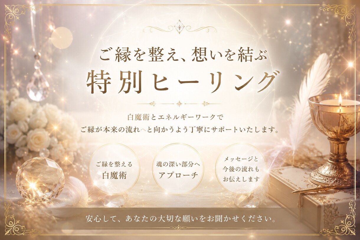 ご縁を整え、想いを丁寧に届けるヒーリングをします 安心の中で、ご縁と心を優しく整えます。 イメージ1