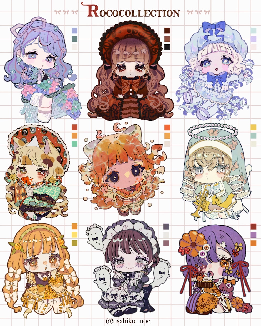 ロココアンティークな絵柄のミニキャラ絵作成します 特徴的なおめめデザインで2〜3頭身のちびキャラを描きます イメージ6