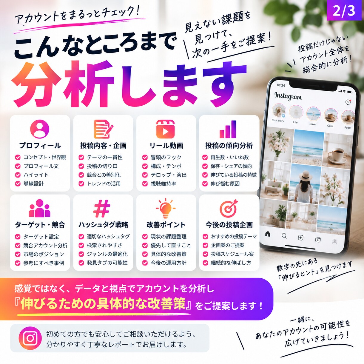 SNSが伸びない原因を分析・改善します 投稿分析から次にやるべき施策まで具体化します イメージ2