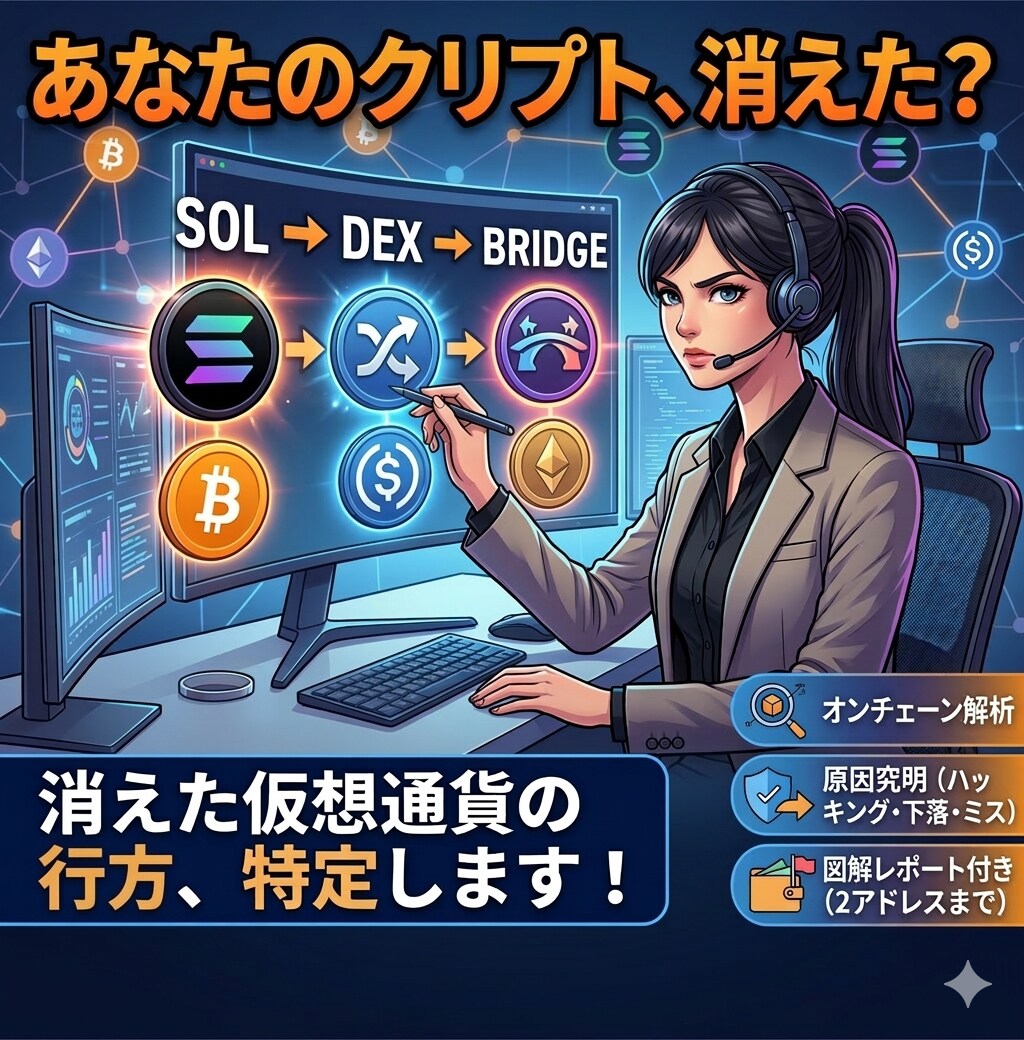 いつの間にか消えた仮想通貨の行方を特定します 消えた資金の行方をブロックチェーン履歴から徹底解析！ イメージ1