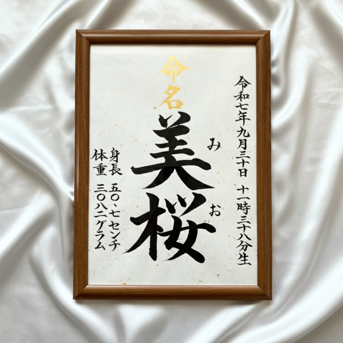 A4命名書｜筆耕士が毛筆（楷書）でお書きします 金銀箔入り和紙使用。出産祝い・お七夜・百日祝いに。 イメージ4
