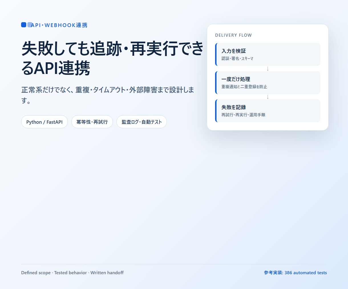 API・Webhook連携を堅牢に構築します 再試行・重複防止・監査ログまで実装します イメージ1