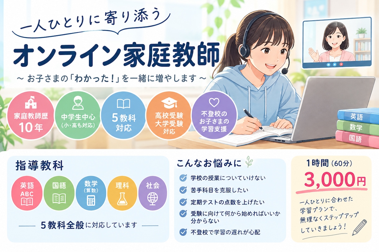 家庭教師歴10年！小中高生の勉強を丁寧に教えます 受験対策から不登校のお子さまの学習支援まで イメージ1