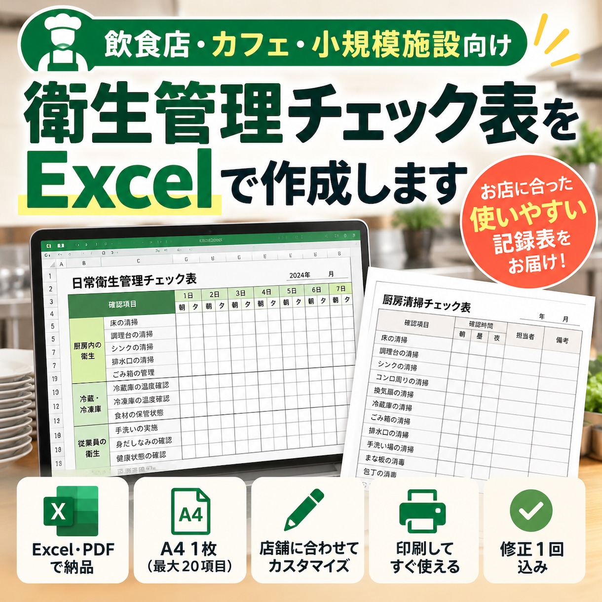 飲食店の衛生管理チェック表を作成します お店に合わない既製の管理表を、使いやすい形に整えます イメージ1