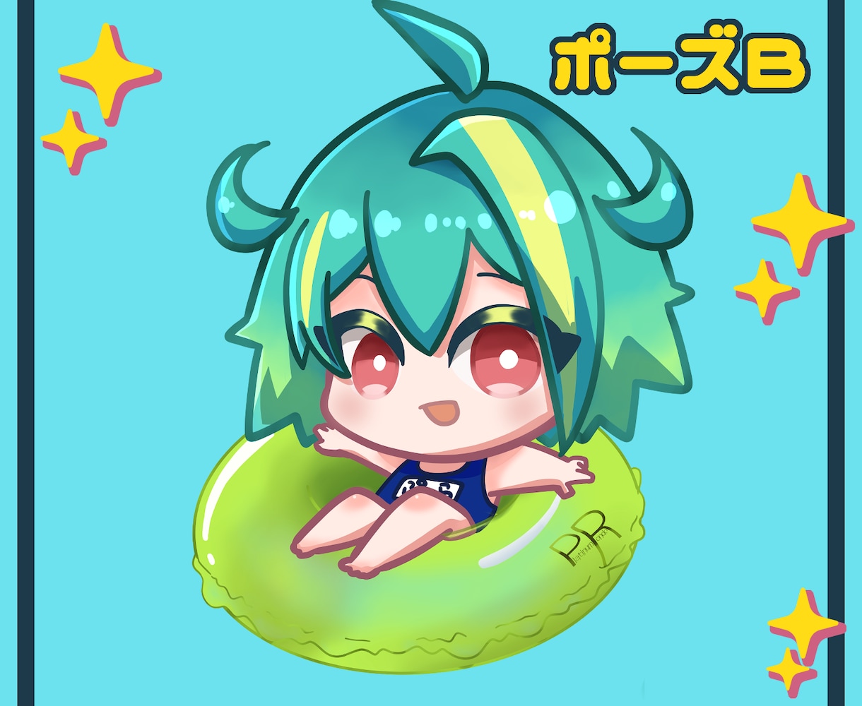 夏に海に！【ミニキャラ】うきわ付イラスト描きます 夏といえば海！ミニキャラもうきわを持って楽しみましょう イメージ3