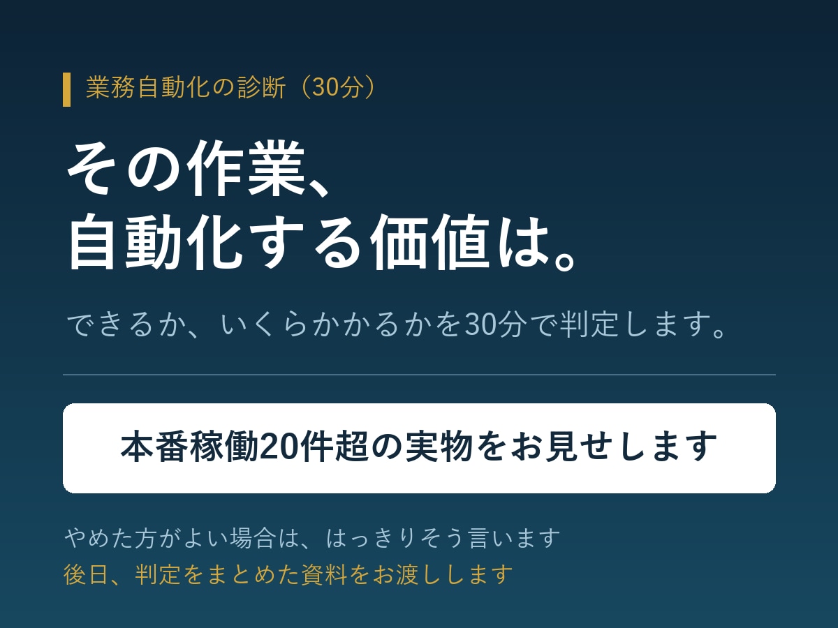 あなたの業務が自動化できるか診断します 本番稼働20件超の実物をお見せしながら判定します イメージ1