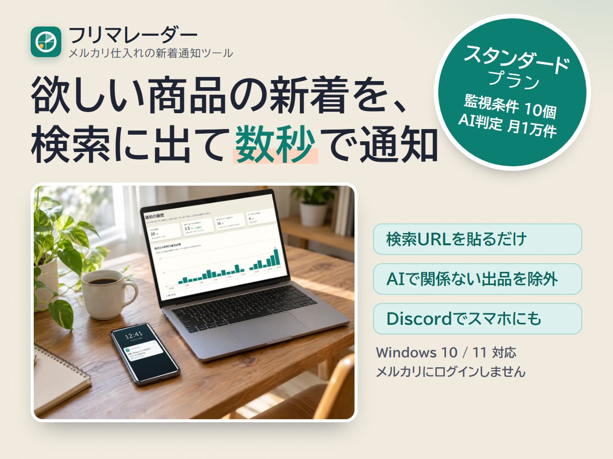 メルカリの新着をAIで絞って数秒で通知します 条件10個・AI判定 月1万件。新着を数秒でスマホに通知 イメージ1