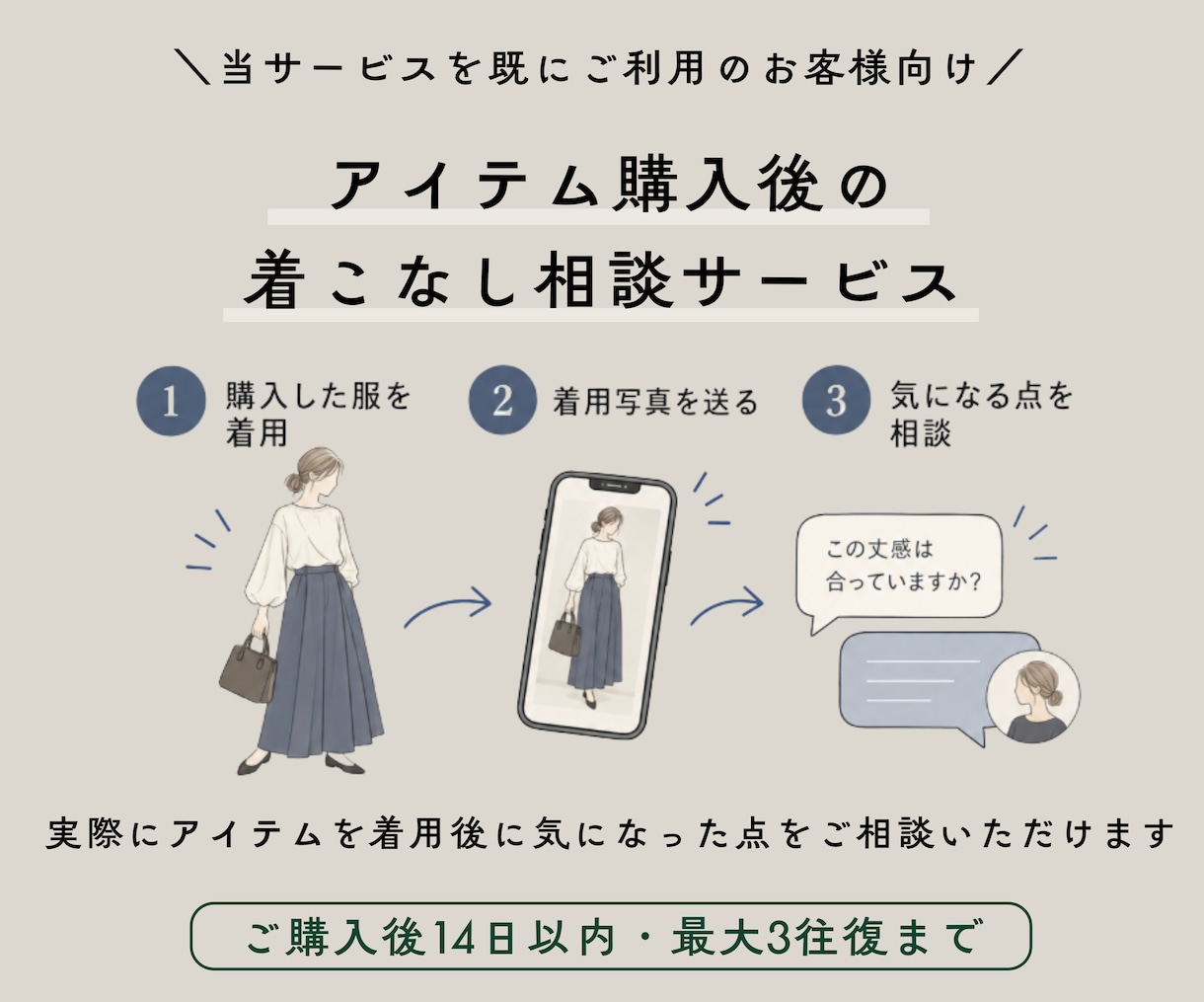 ご利用者様限定｜購入後の着こなし相談を承ります 着用後に気になった点を写真を見ながらアドバイス イメージ2