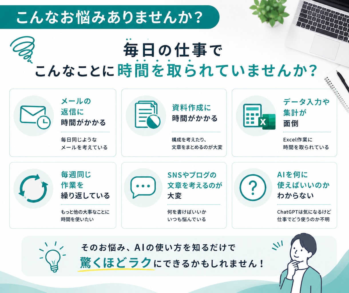 あなたの仕事でAIに任せられる作業を5つ見つけます 初心者OK｜業務を整理して、専用プロンプトまで作成します イメージ2