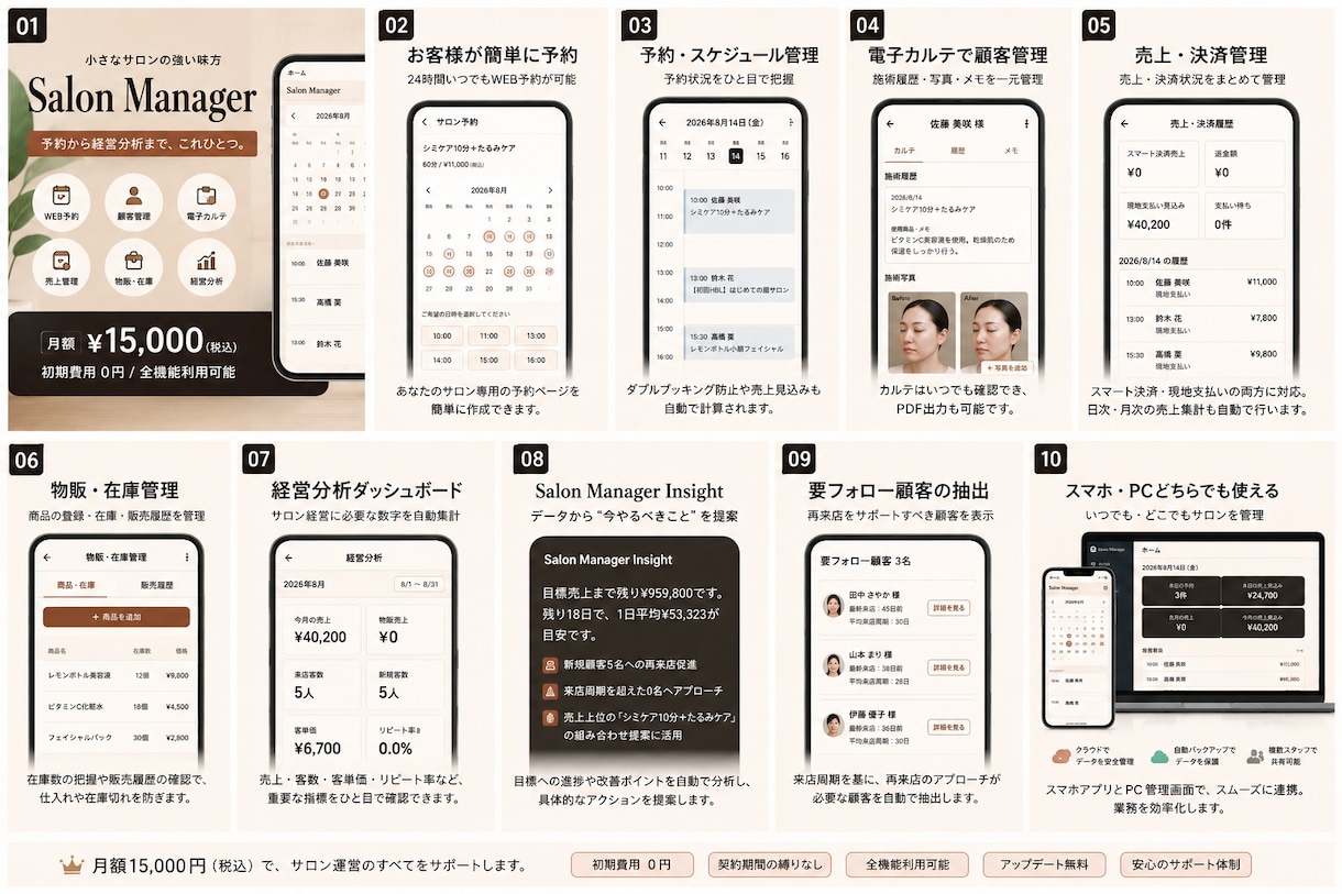 サロンのWEB予約・顧客・売上を一括管理します 予約からカルテ・経営分析までこれひとつ！ イメージ1