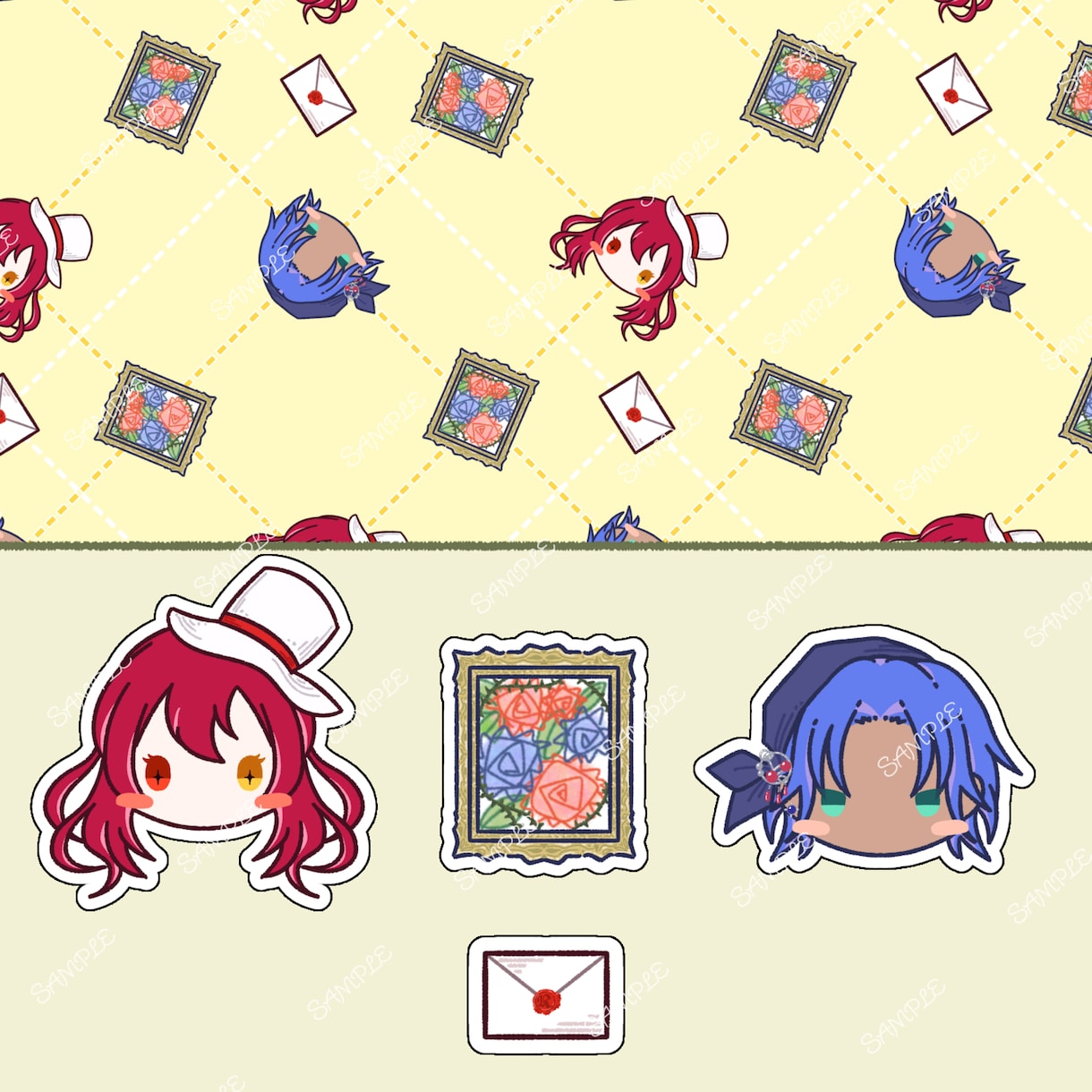 キャラ絵とモチーフのパターンイラストをお作りします グッズや作品の背景、バナーなど多岐にご利用いただけます！ イメージ7