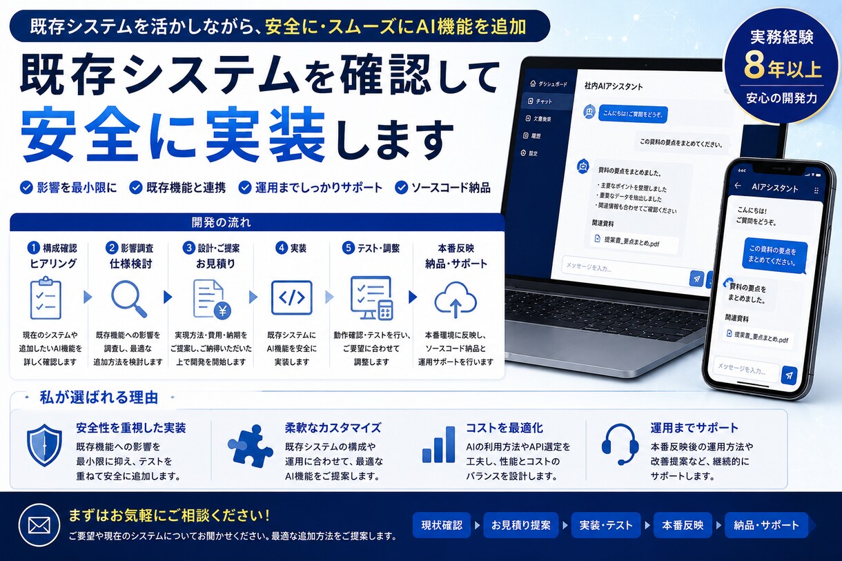 既存Webサービスに生成AI機能を追加します AIチャット・文章生成・要約・データ検索を既存システムへ実装 イメージ3